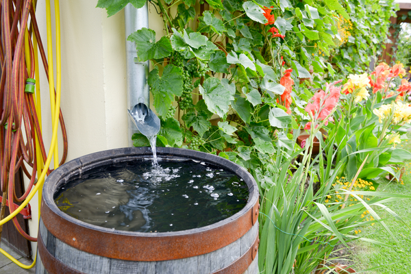 Rain barrel catching water