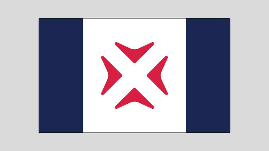 red x in the center, with dark blue bars on left and right sides of the flag