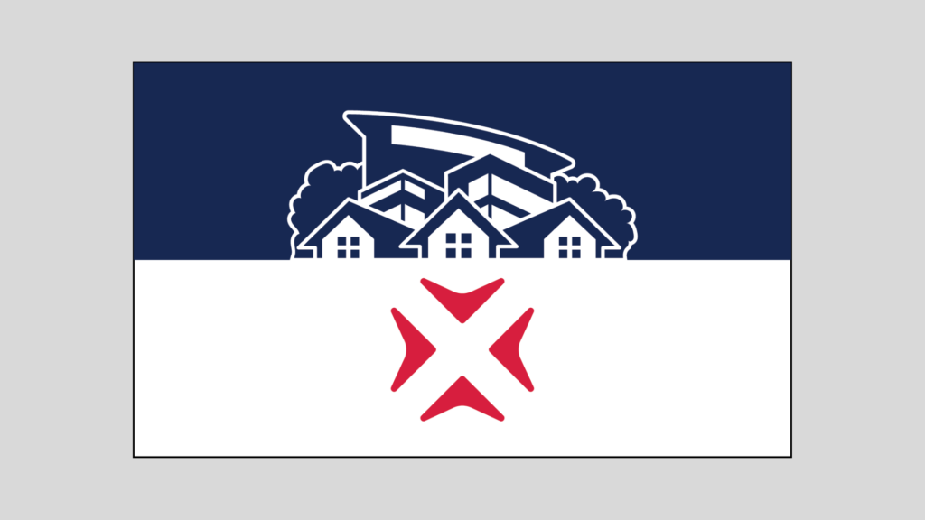 city silhouette shape in blue and white on top half of flag, with white bottom half featuring red x logo centered below the silhouette
